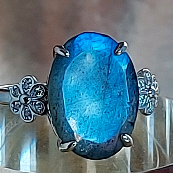 Natural Labradorite & CZ 925 Sterling Silver Ring Sz 6.75 - Picture 5 of 6